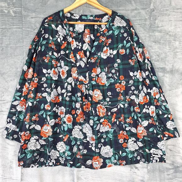 Womens Top 2X Boho Floral‎ Bloomcore Plaid Sheer Popover Office Work Feminine - Picture 1 of 8